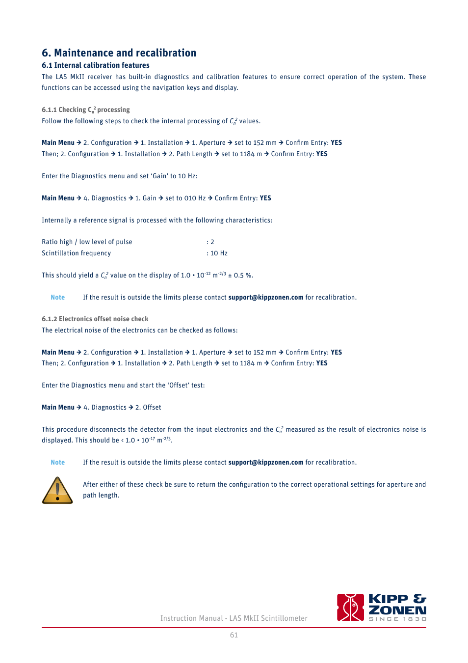 Maintenance and recalibration, 1 internal calibration features, 1 checking c | Processing, 2 electronics offset noise check | Kipp&Zonen LAS MkII Scintillometer User Manual | Page 61 / 86