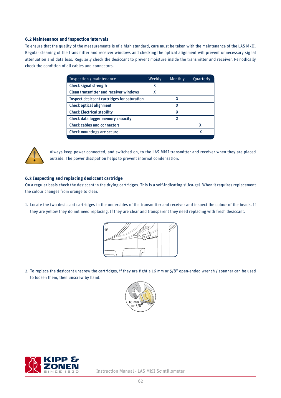 2 maintenance and inspection intervals, 3 inspecting and replacing desiccant cartridge | Kipp&Zonen LAS MkII Scintillometer User Manual | Page 62 / 86