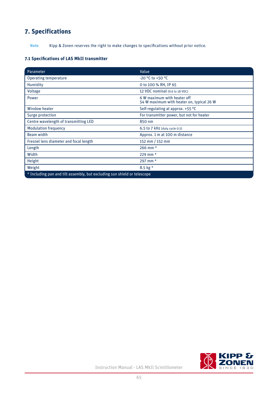 Specifications, 1 speciﬁcations of las mkii transmitter | Kipp&Zonen LAS MkII Scintillometer User Manual | Page 65 / 86