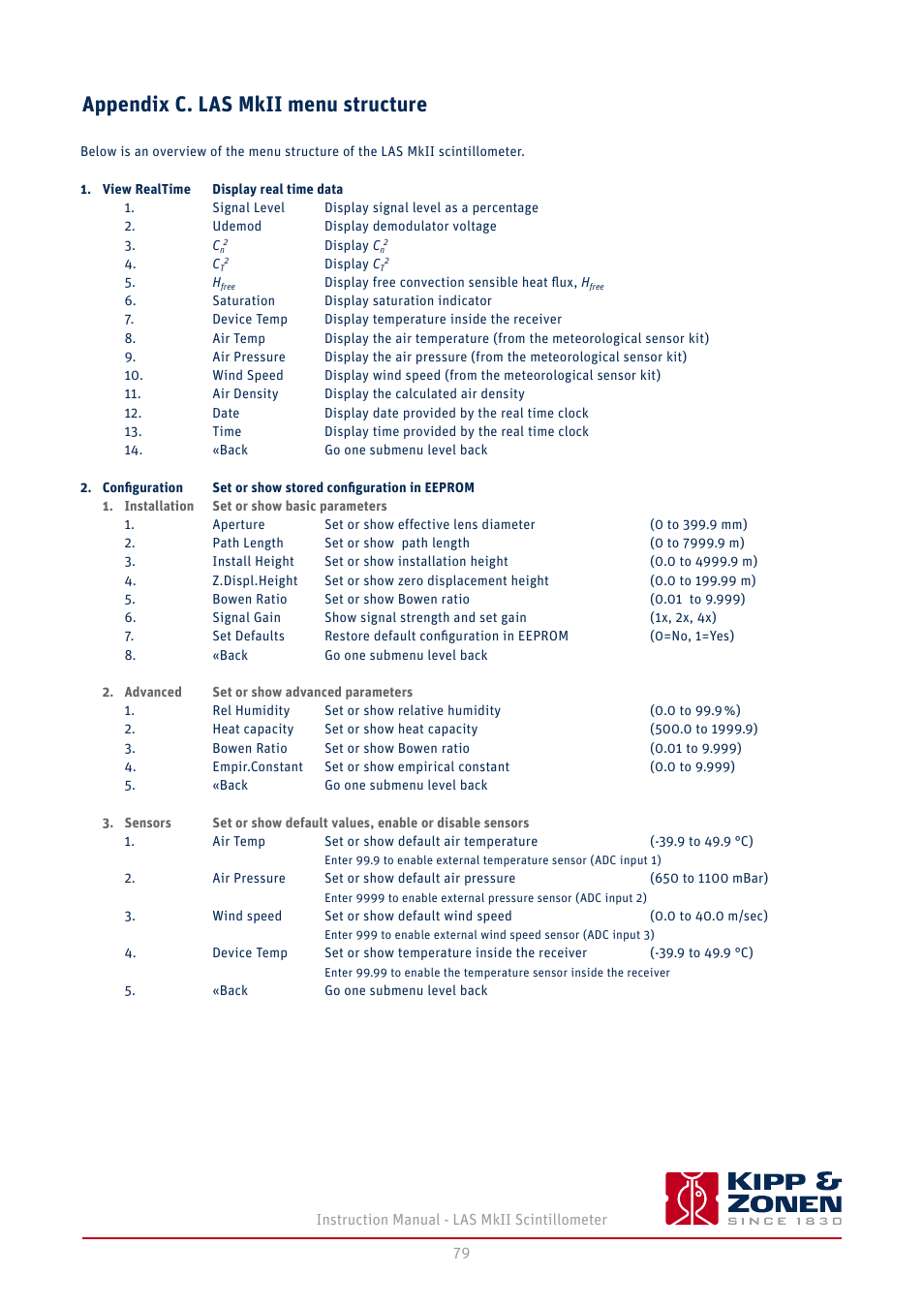 Appendix c. las mkii menu structure | Kipp&Zonen LAS MkII Scintillometer User Manual | Page 79 / 86