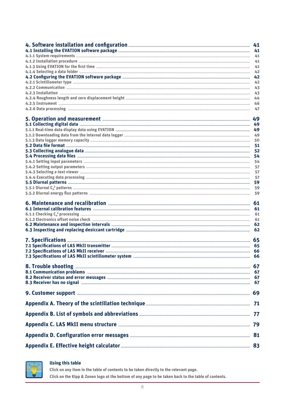 Software installation and configuration, Operation and measurement, Maintenance and recalibration | Specifications, Trouble shooting | Kipp&Zonen LAS MkII Scintillometer User Manual | Page 8 / 86