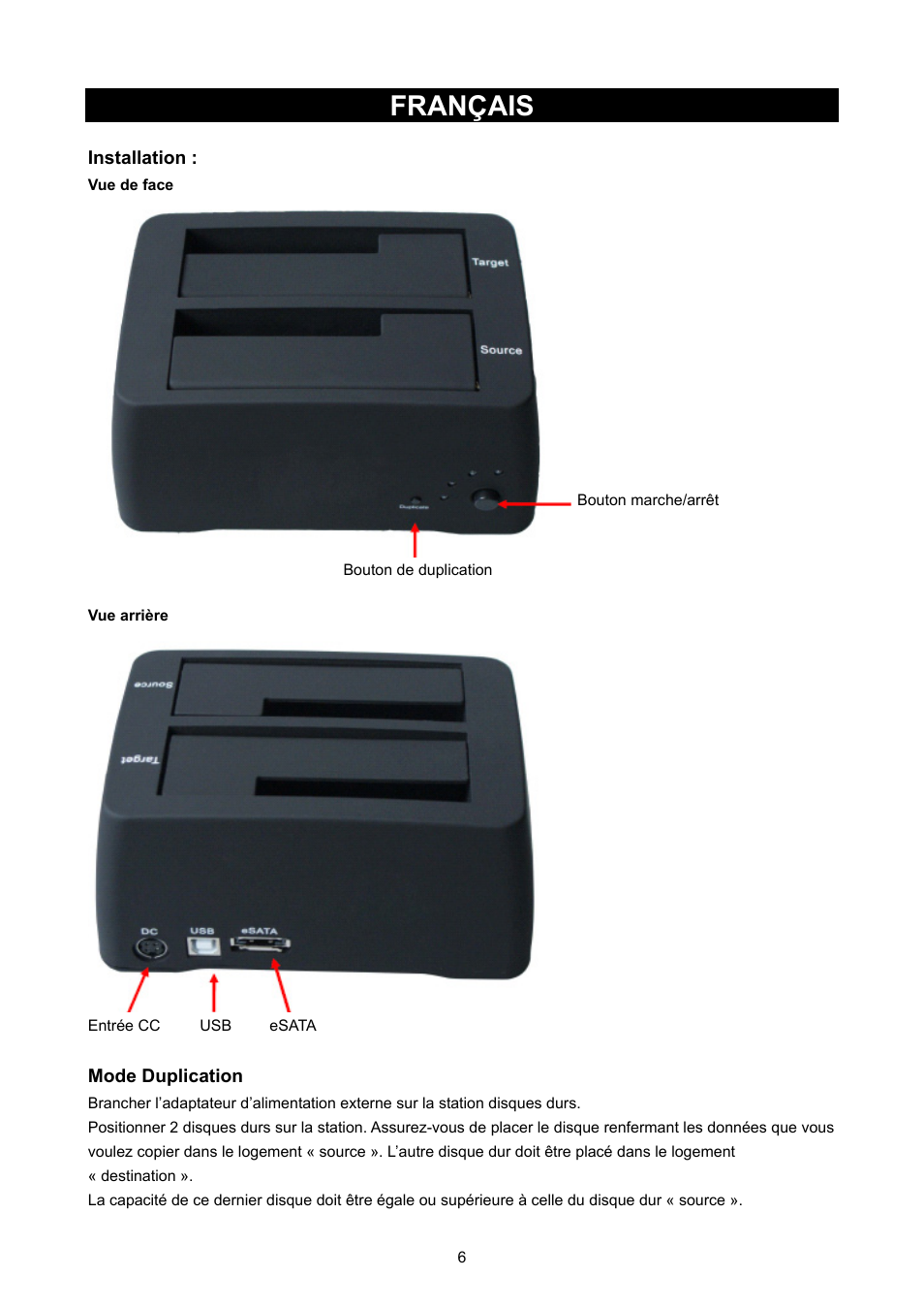 Français, Mode d’emploi (p. 6, Station de clonage de disques durs s-ata | Konig Electronic S-ata HDD copy station User Manual | Page 6 / 30