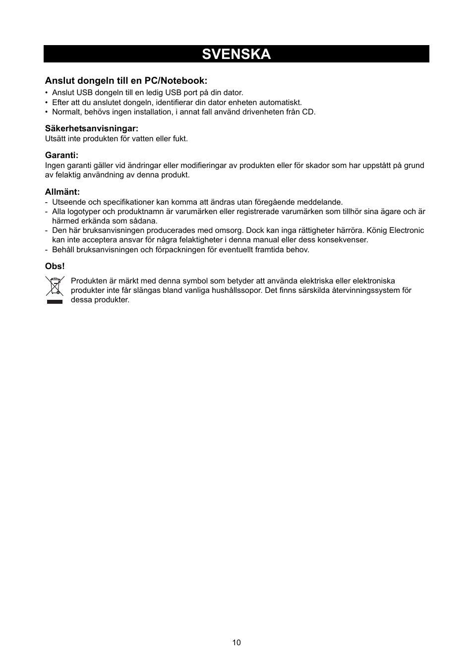 Svenska, Trådlös lan 300 mbps usb dongle | Konig Electronic WLAN 11N USB dongle 300 Mbps User Manual | Page 10 / 16