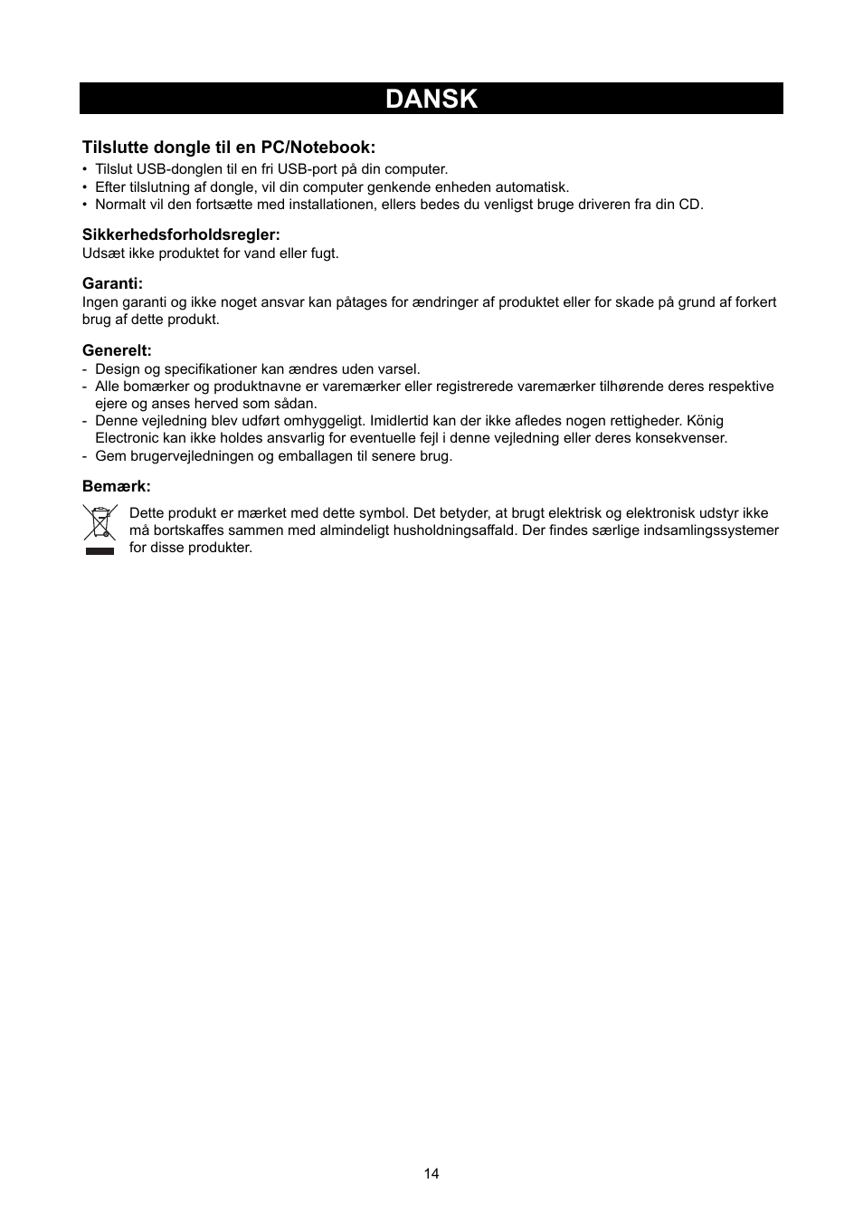 Dansk, Vejledning (s. 14), Trådløs lan 300 mbps usb-dongle | Konig Electronic WLAN 11N USB dongle 300 Mbps User Manual | Page 14 / 16