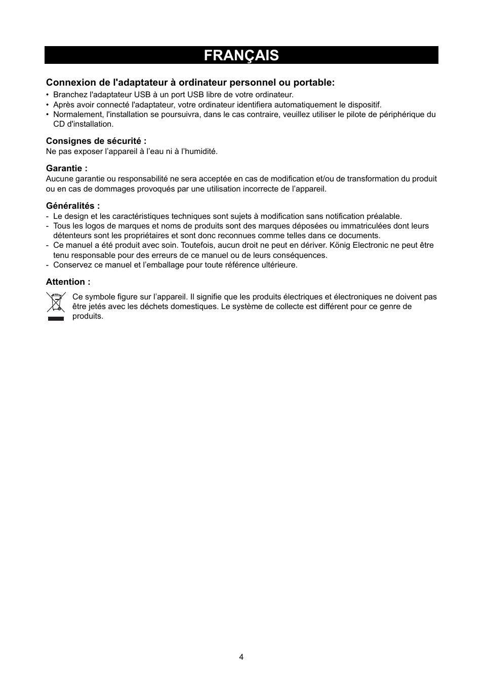 Français, Mode d’emploi (p. 4, Adaptateur usb pour réseau sans fil lan 3 | Mbit/s | Konig Electronic WLAN 11N USB dongle 300 Mbps User Manual | Page 4 / 16