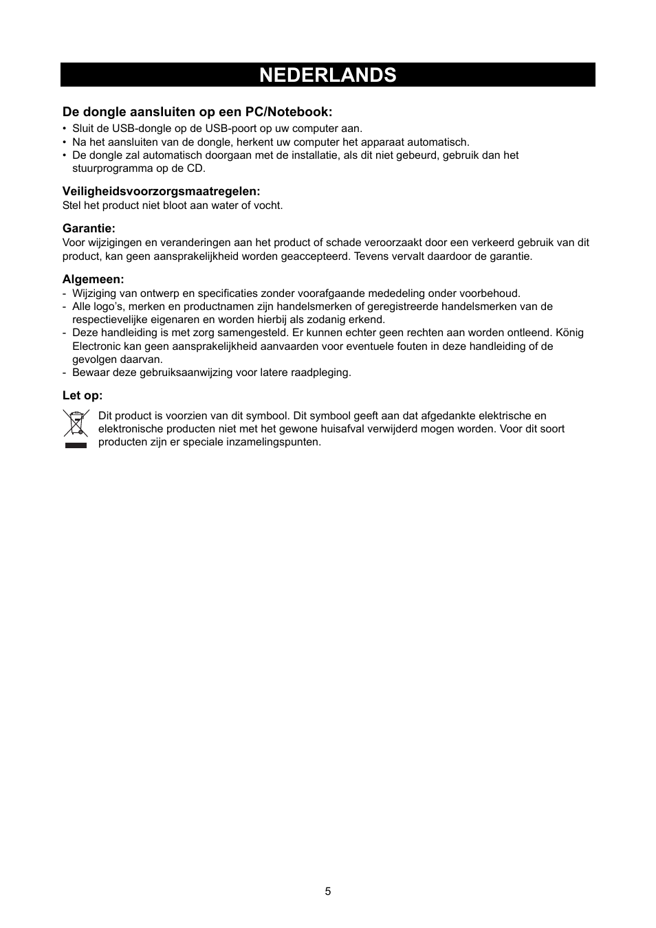 Nederlands, Gebruiksaanwijzing (p. 5, Draadloze lan 300 mbps usb-dongle | Konig Electronic WLAN 11N USB dongle 300 Mbps User Manual | Page 5 / 16