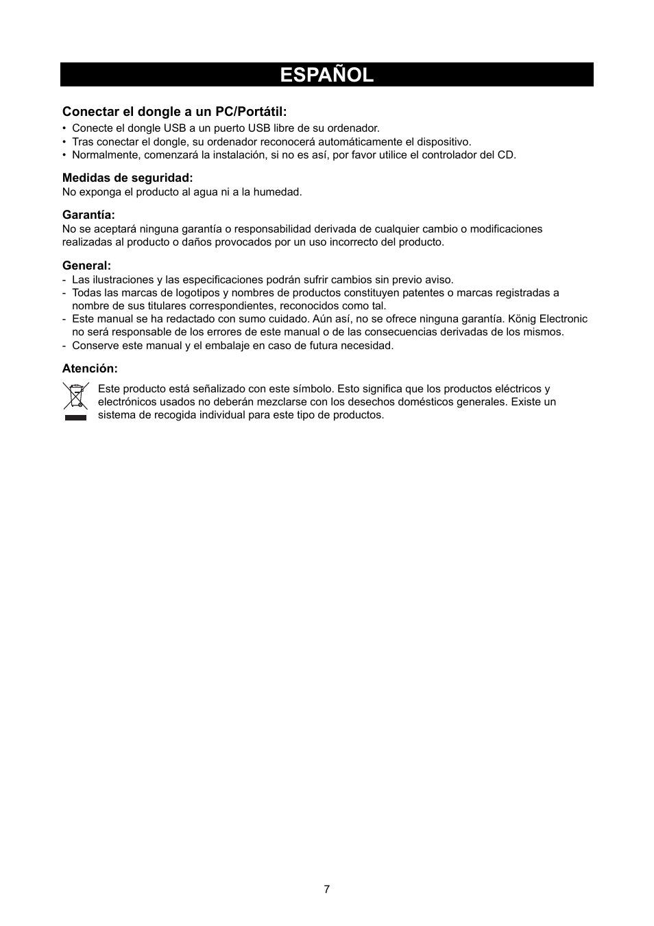Español, De uso (p. 7, Dongle usb para lan inalámbrica a 300mbps | Konig Electronic WLAN 11N USB dongle 300 Mbps User Manual | Page 7 / 16
