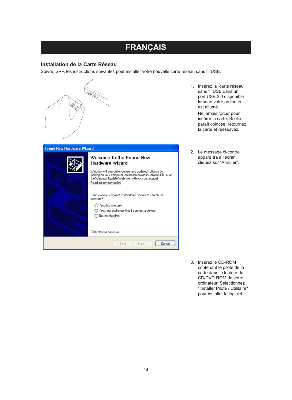 Français, Mode d’emploi (p. 14), Lan usb sans fil 150 mbps | Konig Electronic Wireless LAN USB 2.0 dongle 150 Mbps User Manual | Page 14 / 86