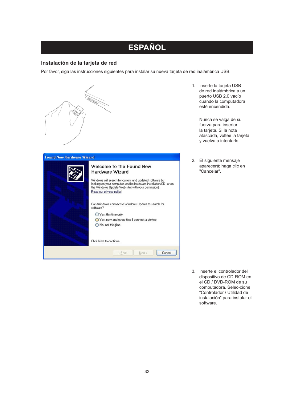 Español, Manual de uso (p. 32), Usb de lan inalámbrica a 150 mbp/s | Konig Electronic Wireless LAN USB 2.0 dongle 150 Mbps User Manual | Page 32 / 86