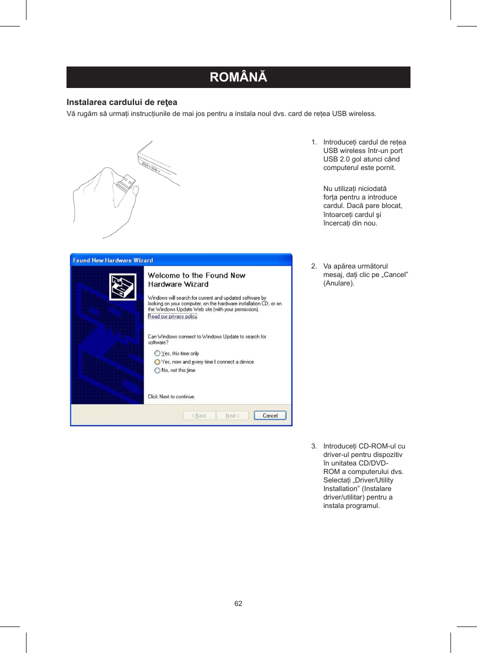 Română, Manual de utilizare (p. 62), Usb wireless lan 150 mbps | Konig Electronic Wireless LAN USB 2.0 dongle 150 Mbps User Manual | Page 62 / 86