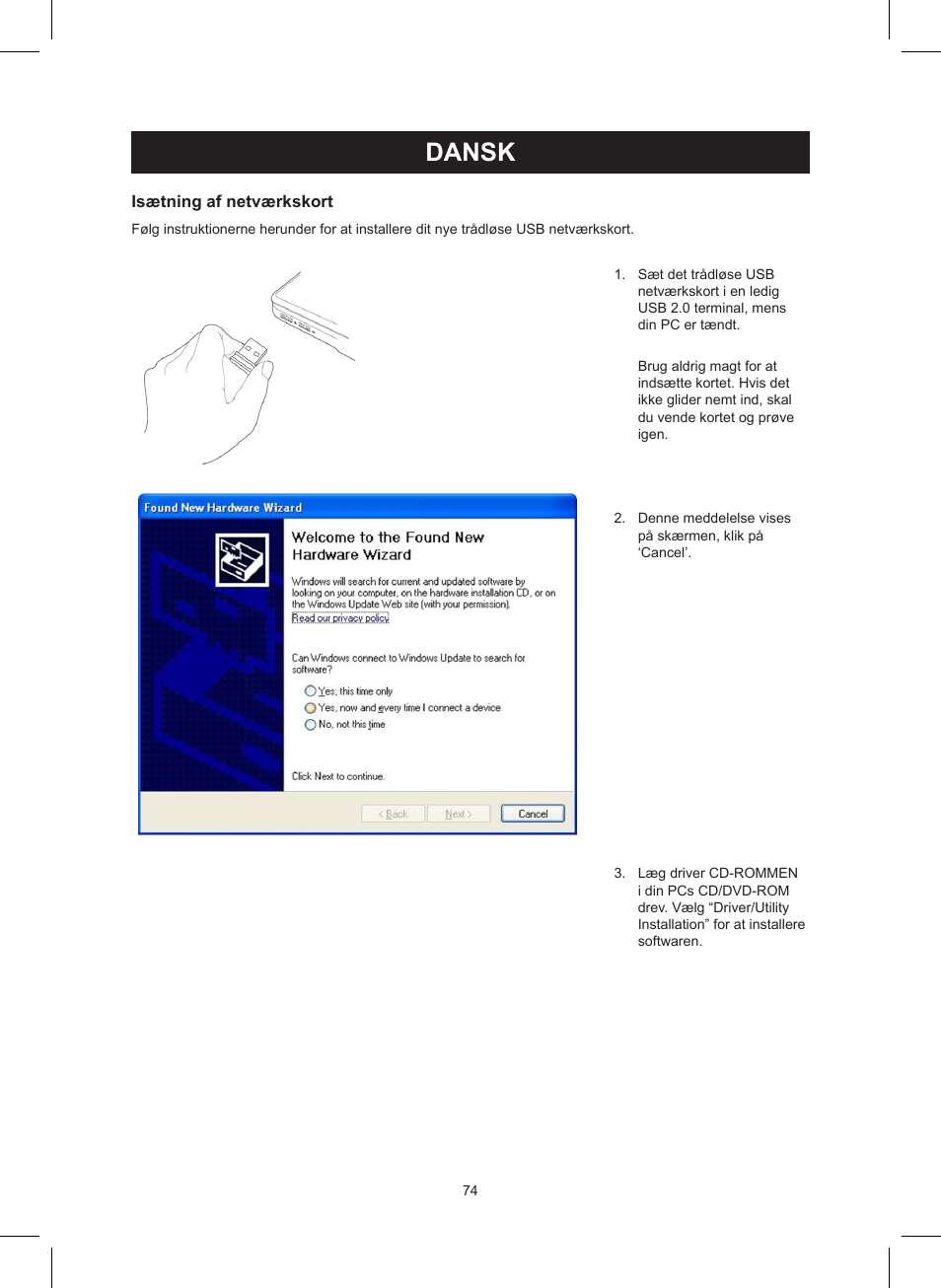 Dansk, Brugervejledning (p. 74), Trådløs lan usb 150 mb/s | Konig Electronic Wireless LAN USB 2.0 dongle 150 Mbps User Manual | Page 74 / 86