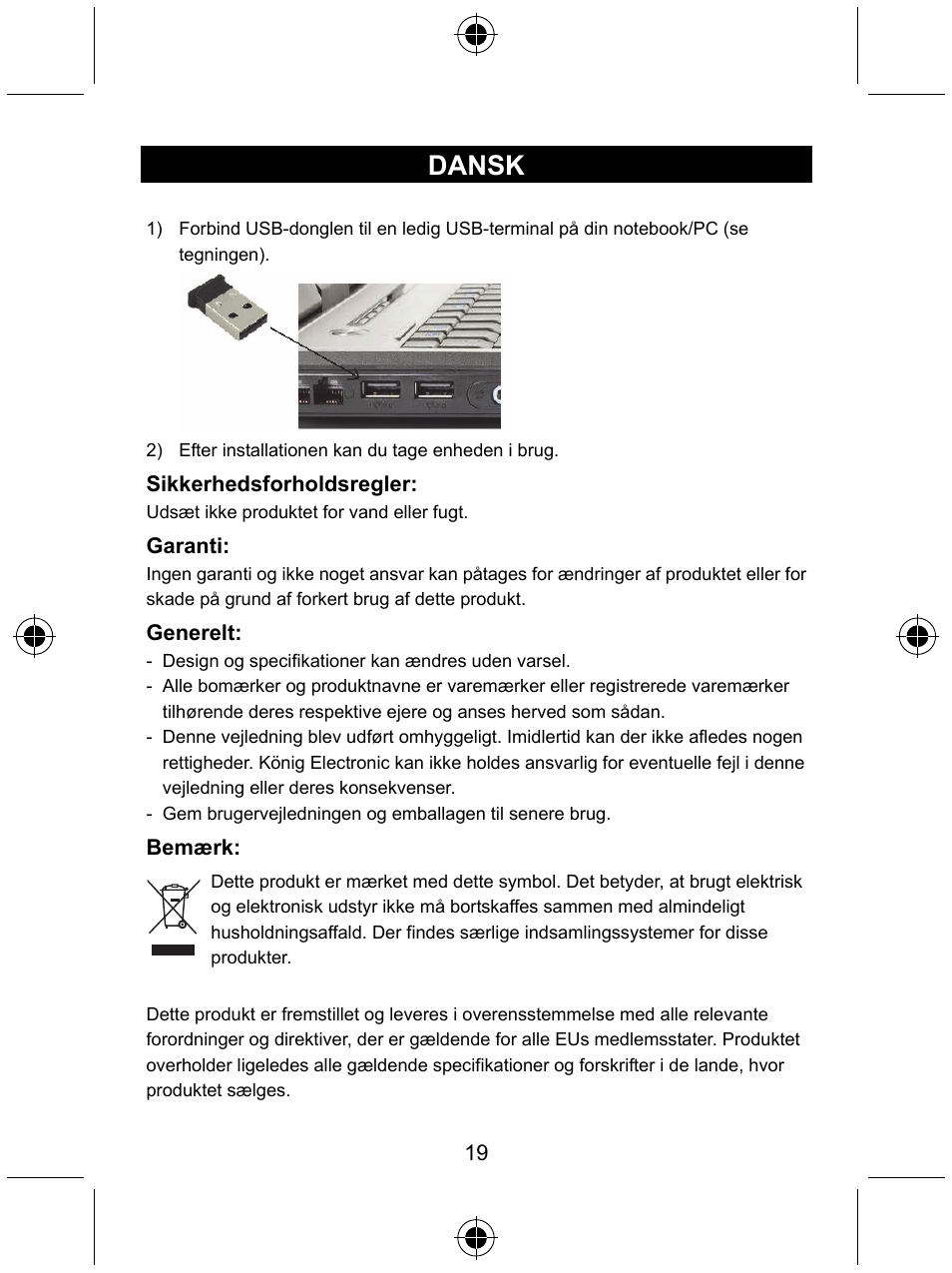 Dansk | Konig Electronic Micro Bluetooth version 4.0 dongle User Manual | Page 19 / 24