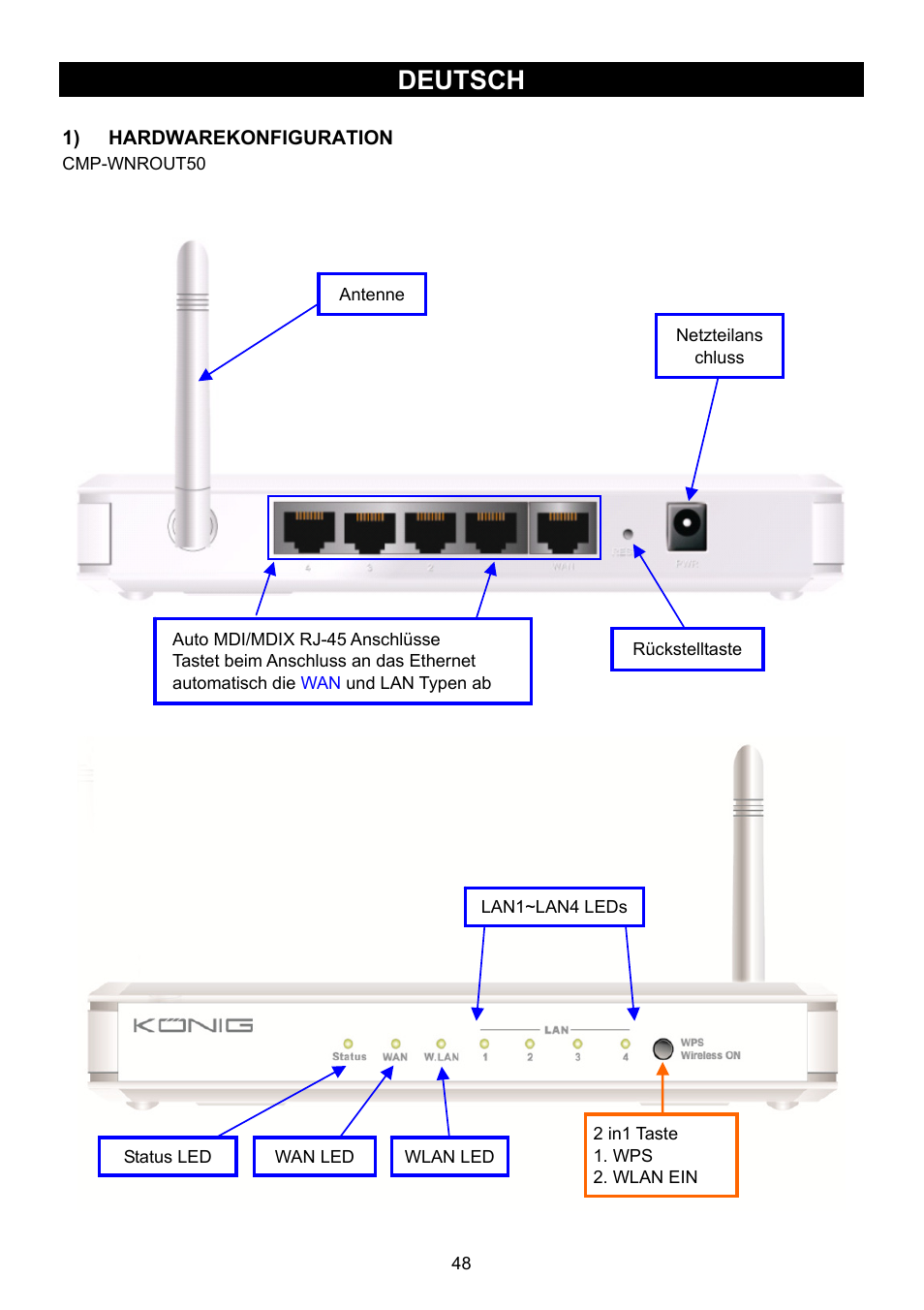 Deutsch, 48) wlan-router | Konig Electronic WLAN router 300 Mbps User Manual | Page 48 / 722