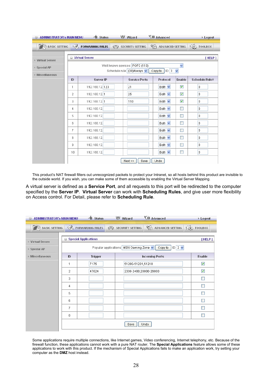 1 virtual server, 2 special ap | Konig Electronic WLAN router 300 Mbps User Manual | Page 28 / 56