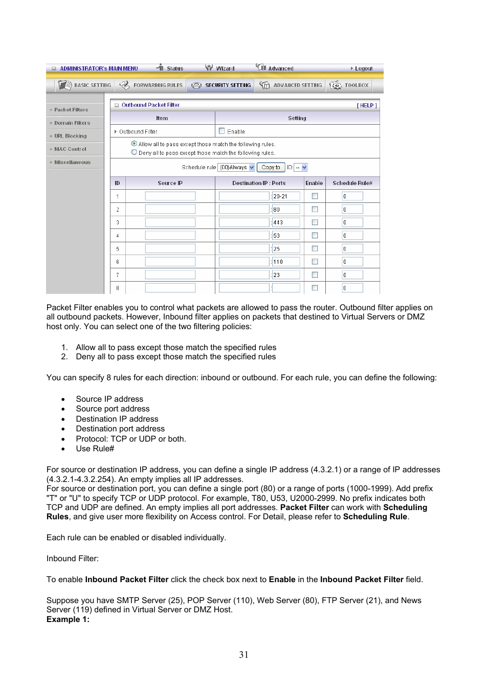 1 packet filters | Konig Electronic WLAN router 300 Mbps User Manual | Page 31 / 56