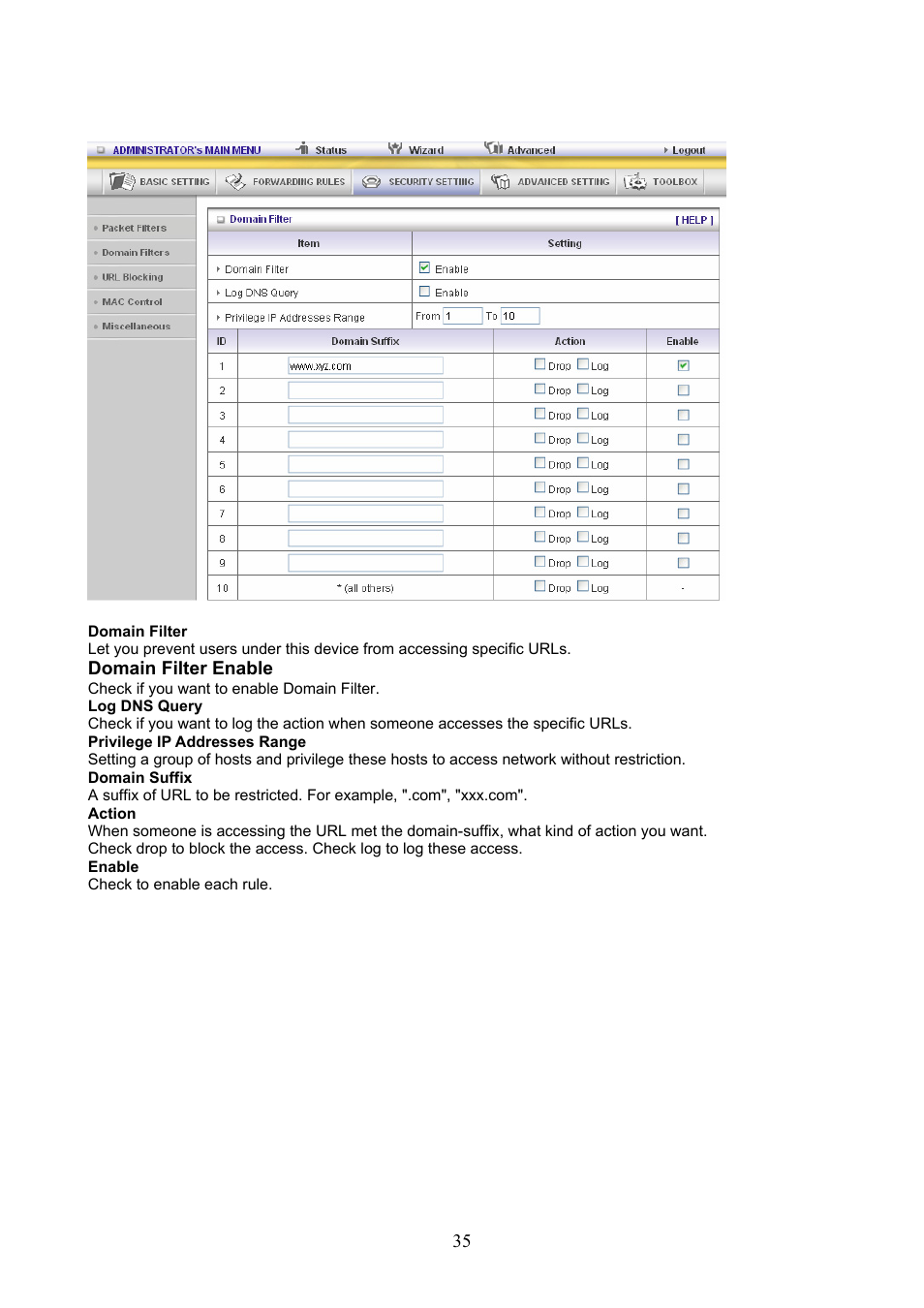 3 .3.3.2 domain filters | Konig Electronic WLAN router 300 Mbps User Manual | Page 35 / 56