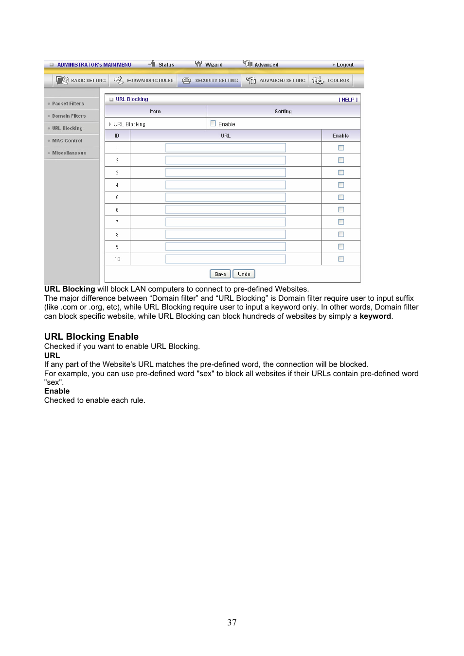 3 url blocking | Konig Electronic WLAN router 300 Mbps User Manual | Page 37 / 56