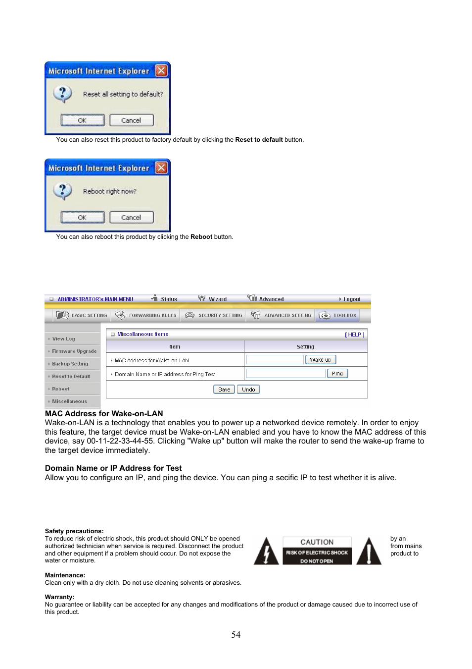 4 reset to default, 3 .3.5.6 miscellaneous items | Konig Electronic WLAN router 300 Mbps User Manual | Page 54 / 56