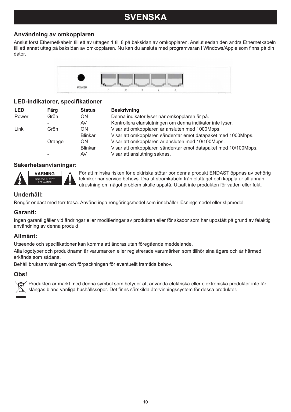 Svenska, Bruksanvisning (s. 10), Ports omkopplare 100/1000mbps | Konig Electronic 5 port Ethernet switch 100/1000 Mbps User Manual | Page 10 / 16