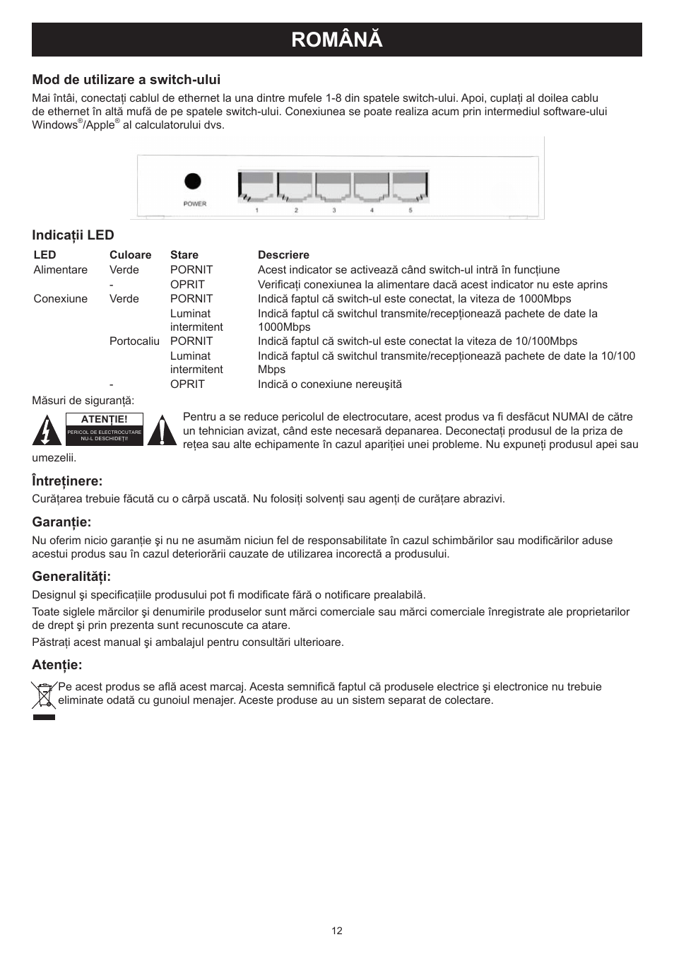 Română, Manual de utilizare (p. 12), Switch de 100/1000mbps cu 5 porturi | Konig Electronic 5 port Ethernet switch 100/1000 Mbps User Manual | Page 12 / 16