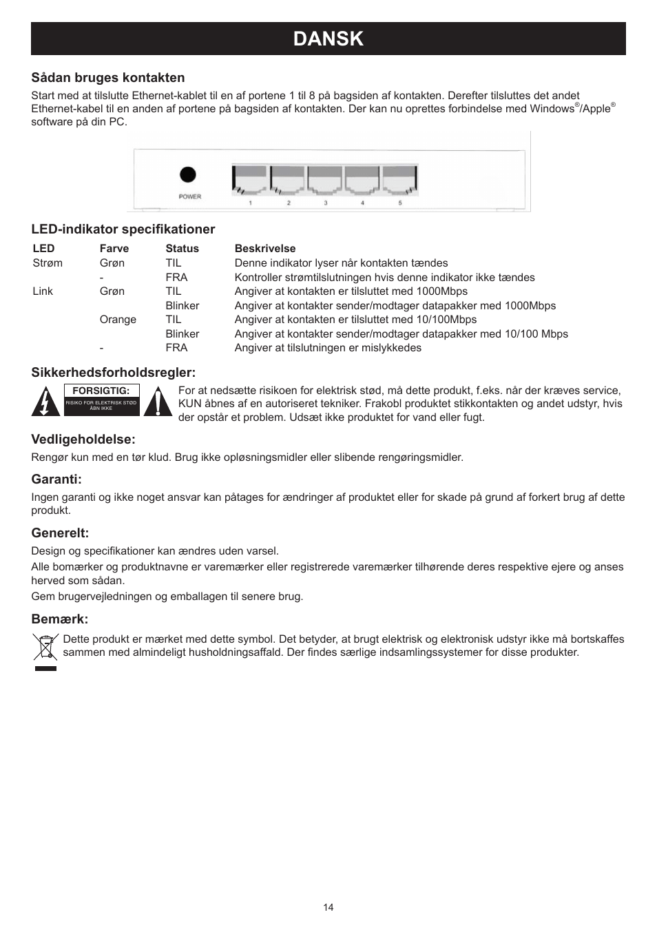 Dansk, Brugervejledning (p. 14), 5 ports kontakt 100/1000mbps | Konig Electronic 5 port Ethernet switch 100/1000 Mbps User Manual | Page 14 / 16