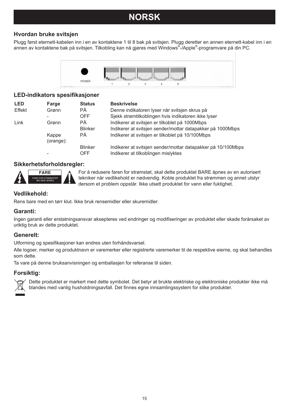 Norsk, Veiledning (σελ. 15), Ports svitsj 100/1000 mbit | Konig Electronic 5 port Ethernet switch 100/1000 Mbps User Manual | Page 15 / 16
