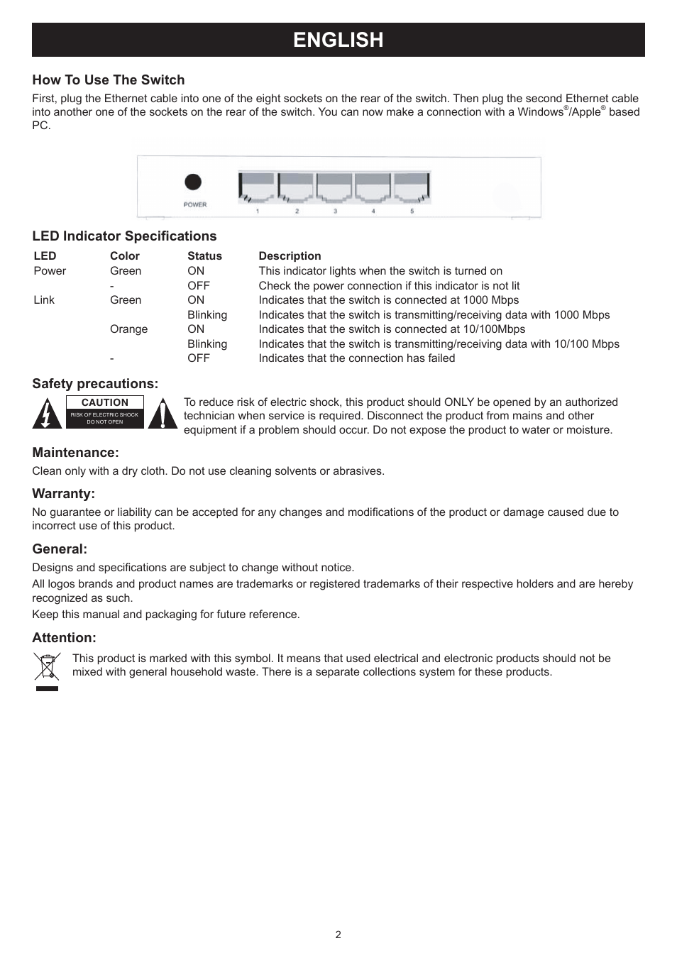 English, Manual (p. 2), 5 port switch 100/1000mbps | Konig Electronic 5 port Ethernet switch 100/1000 Mbps User Manual | Page 2 / 16