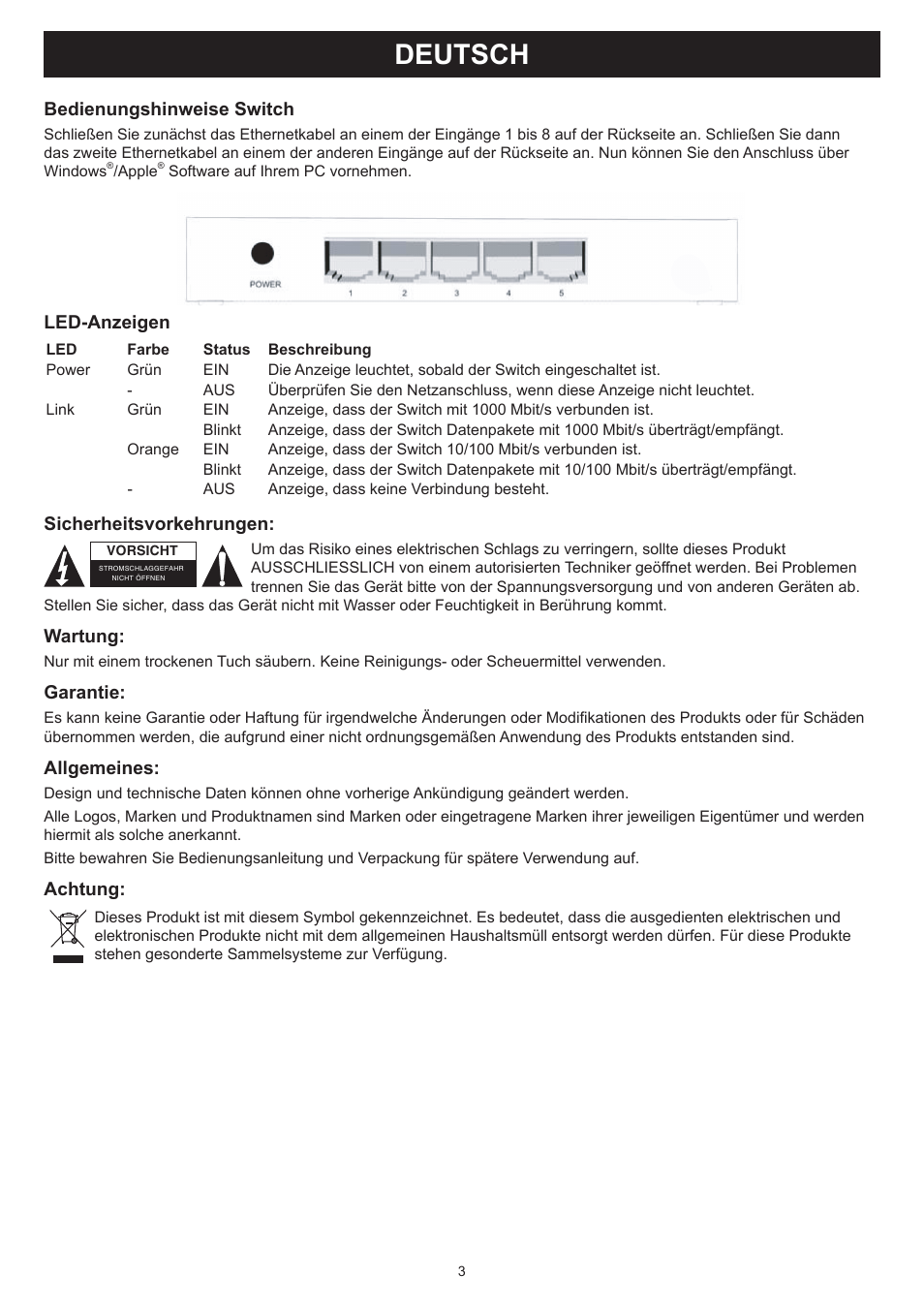 Deutsch, Anleitung (s. 3), Port switch 100/1000mbit/s | Konig Electronic 5 port Ethernet switch 100/1000 Mbps User Manual | Page 3 / 16