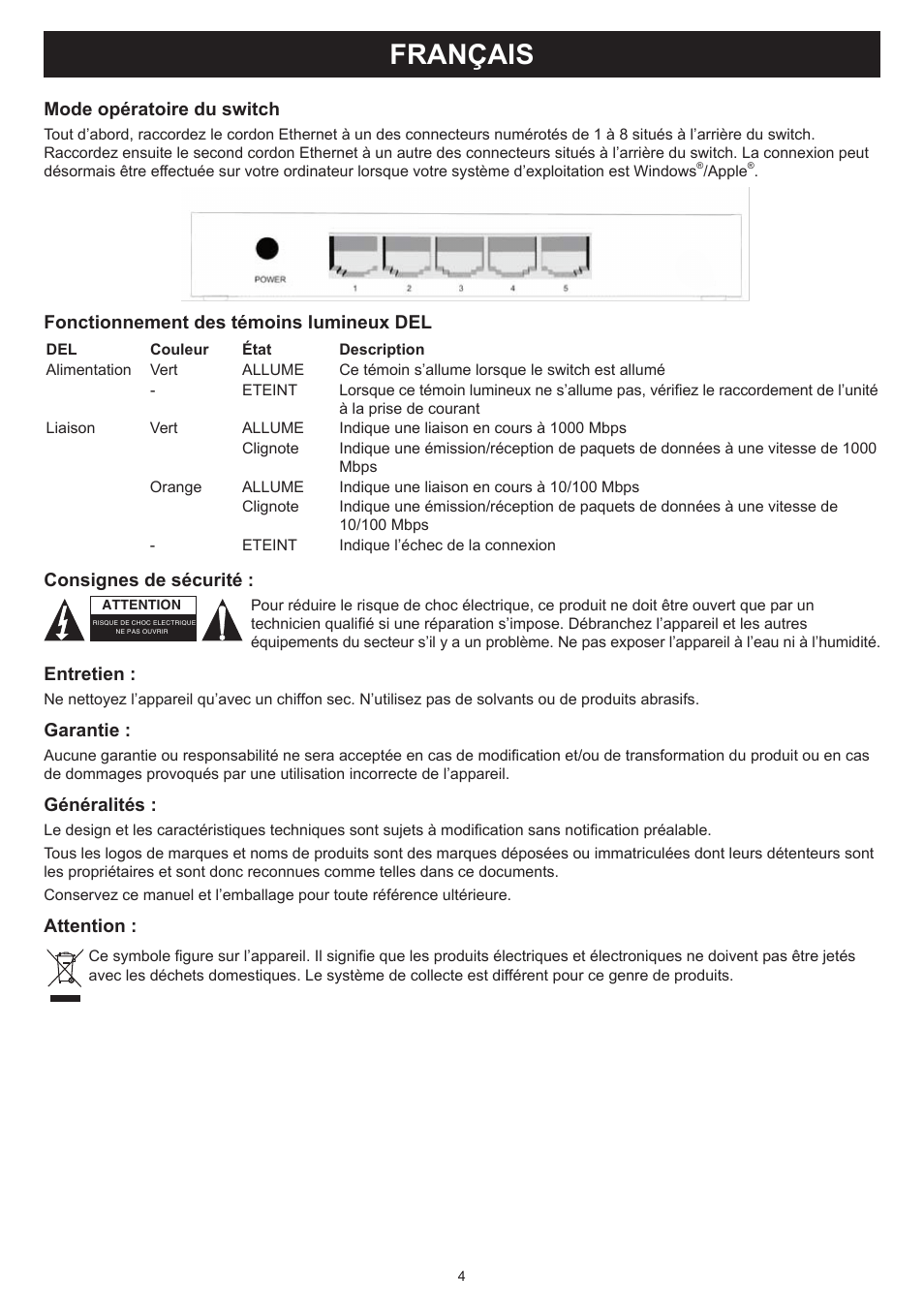 Français, Mode d’emploi (p. 4), Switch 100/1000mbps à 5 ports | Konig Electronic 5 port Ethernet switch 100/1000 Mbps User Manual | Page 4 / 16