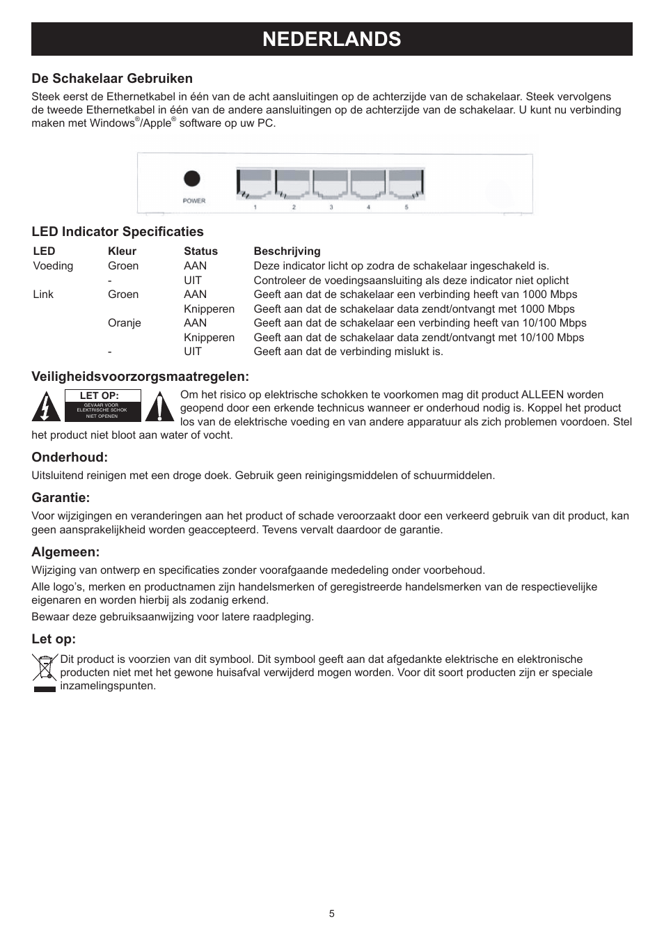 Nederlands, Gebruiksaanwijzing (p. 5), Poorts schakelaar 100/1000mbps | Konig Electronic 5 port Ethernet switch 100/1000 Mbps User Manual | Page 5 / 16