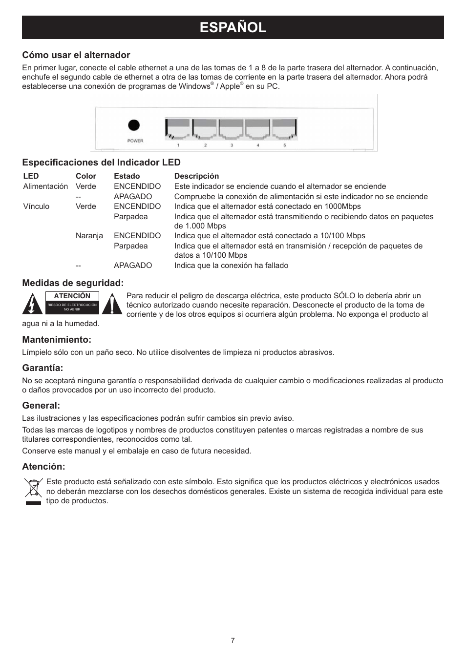 Español, Manual de uso (p. 7), Alternador de 5 puertos 100/1000mbps | Konig Electronic 5 port Ethernet switch 100/1000 Mbps User Manual | Page 7 / 16