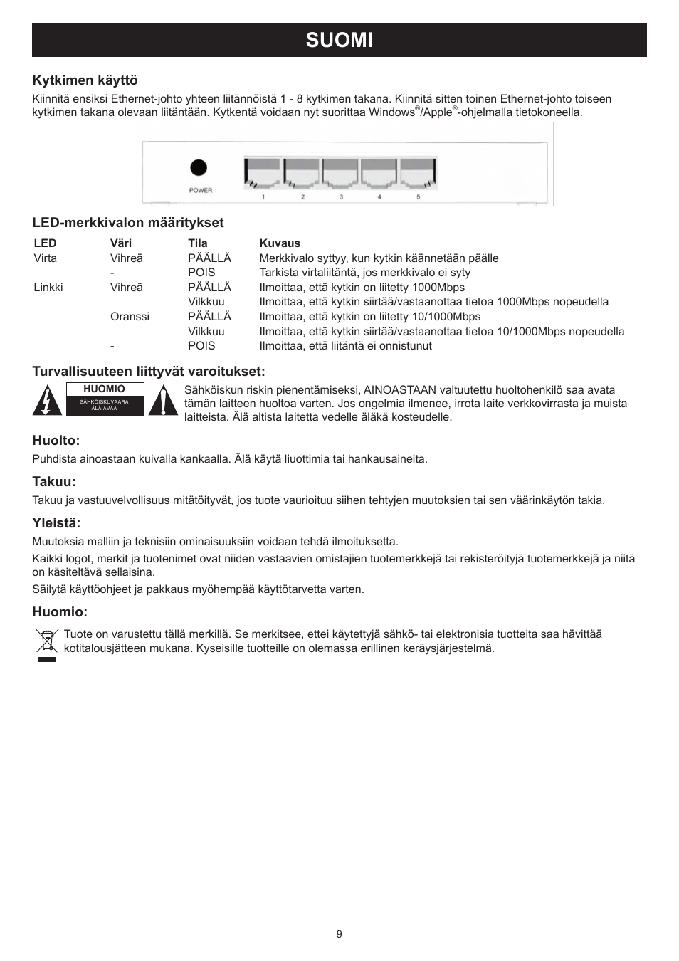 Suomi, Käyttöohje (s. 9), 5 porttikytkin 100/1000mbps | Konig Electronic 5 port Ethernet switch 100/1000 Mbps User Manual | Page 9 / 16
