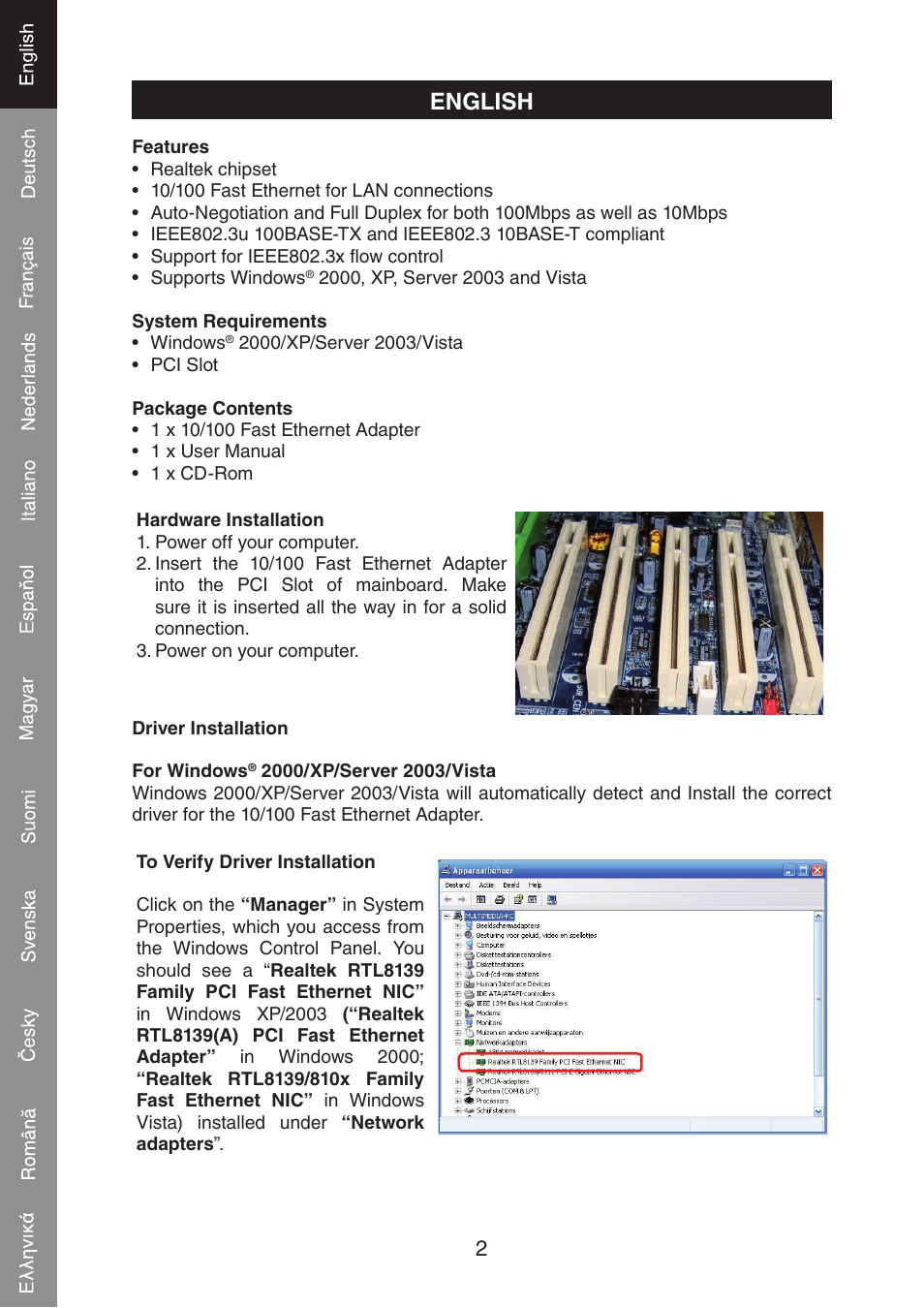 English | Konig Electronic PCI network card 10/100 Mbps User Manual | Page 2 / 48