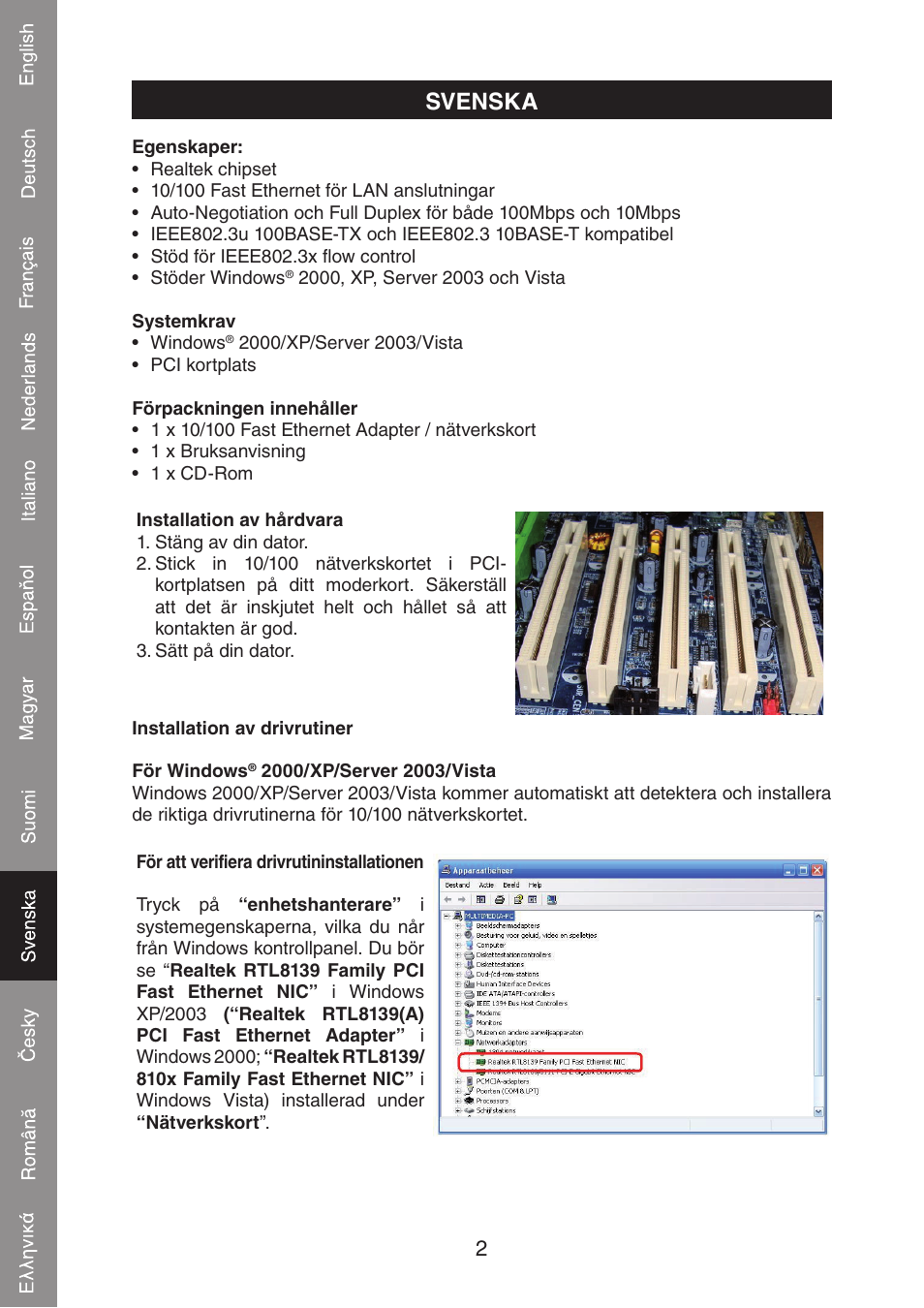 Svenska | Konig Electronic PCI network card 10/100 Mbps User Manual | Page 34 / 48