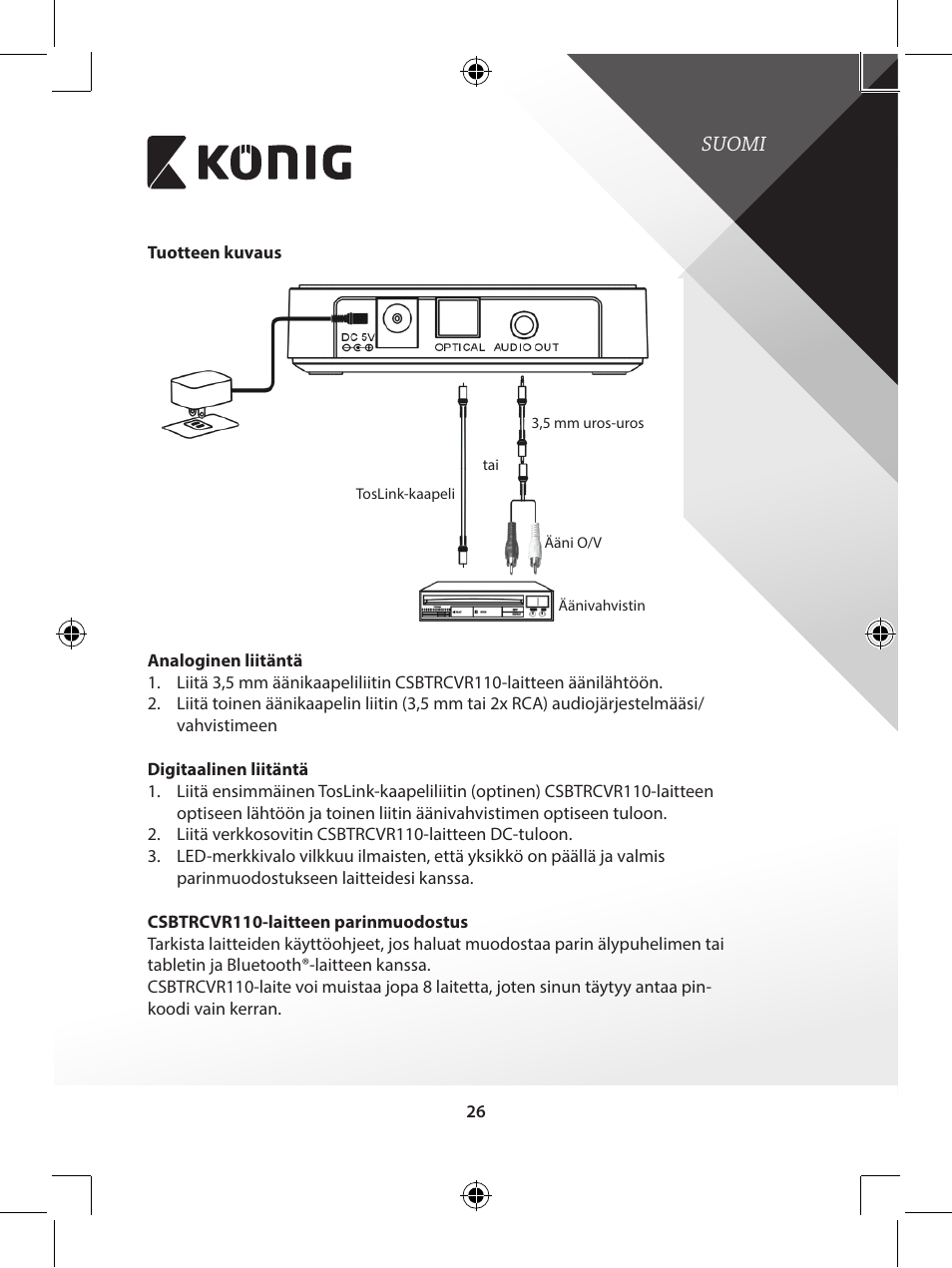 Suomi | Konig Electronic Advanced audio receiver with Bluetooth wireless technology User Manual | Page 26 / 76