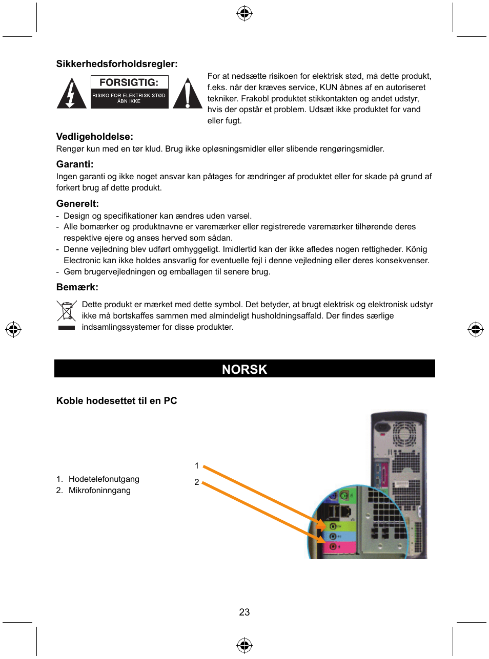 Norsk | Konig Electronic 7.1 surround headset User Manual | Page 23 / 27