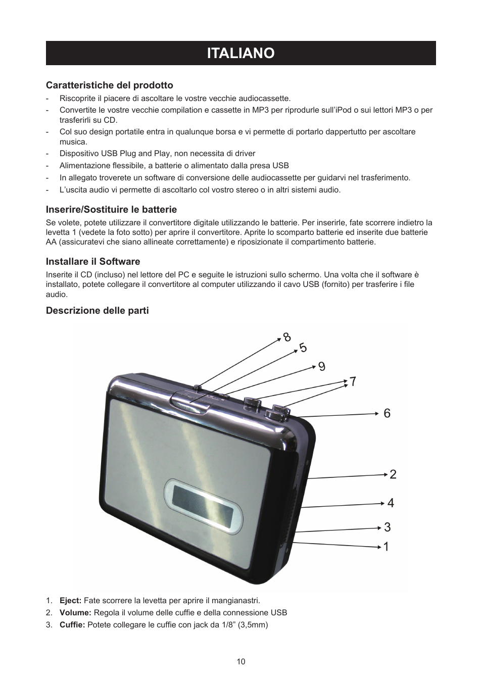 Italiano, Manuale (p. 10), Adattatore usb per audiocassette | Konig Electronic Cassette - MP3 converter User Manual | Page 10 / 30