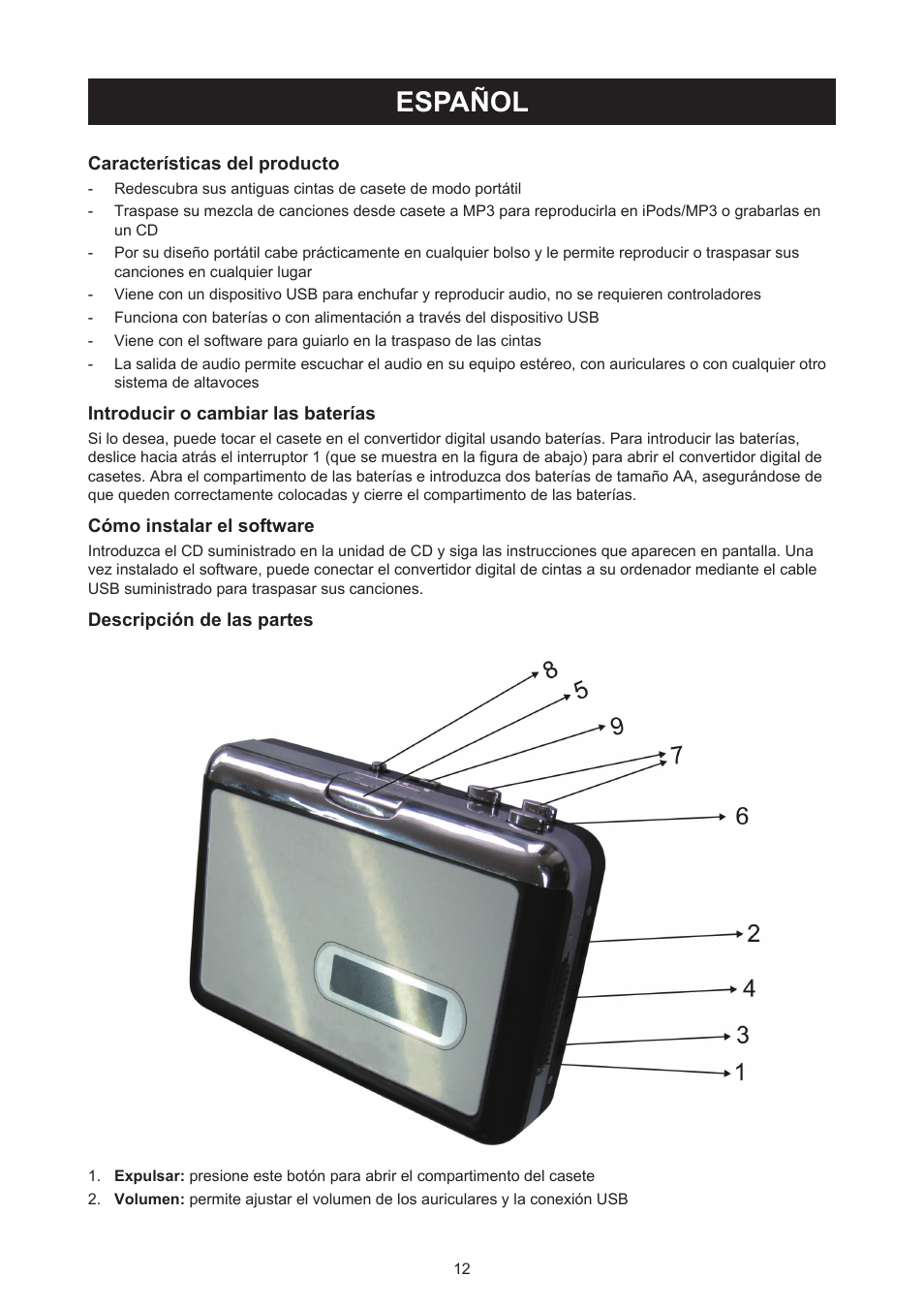 Español, Manual de uso (p. 12), Adaptador usb para casete | Konig Electronic Cassette - MP3 converter User Manual | Page 12 / 30