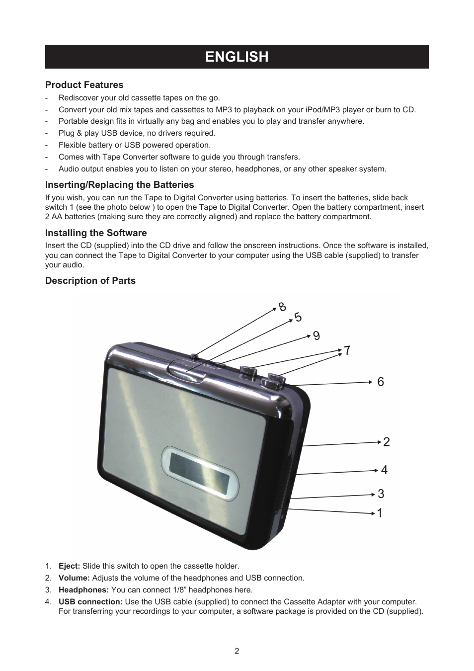English, Manual (p. 2), Usb cassette adapter | Konig Electronic Cassette - MP3 converter User Manual | Page 2 / 30