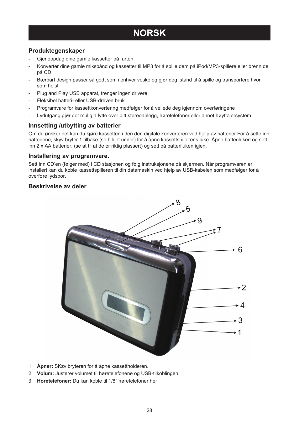 Norsk, Veiledning (p. 28), Usb kassettadapter | Konig Electronic Cassette - MP3 converter User Manual | Page 28 / 30