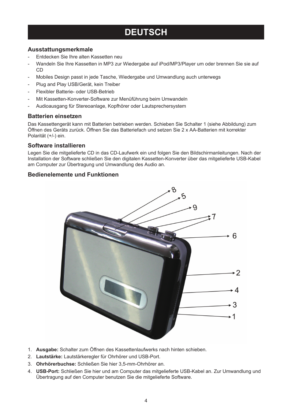 Deutsch, Anleitung (s. 4), Usb-kassettenadapter | Konig Electronic Cassette - MP3 converter User Manual | Page 4 / 30