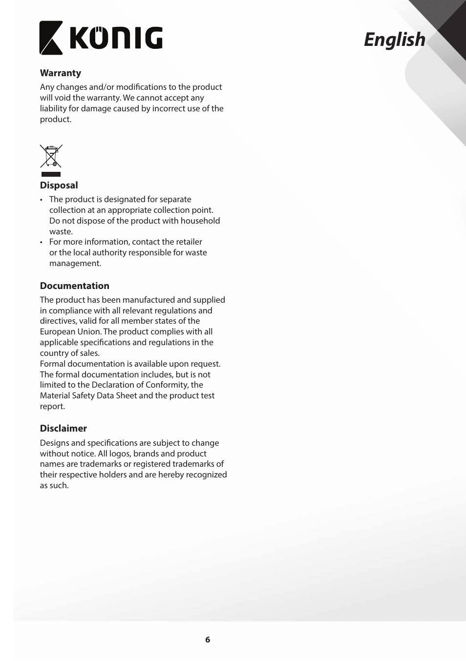 English | Konig Electronic Bluetooth soundbar 4.0 piano black User Manual | Page 6 / 79
