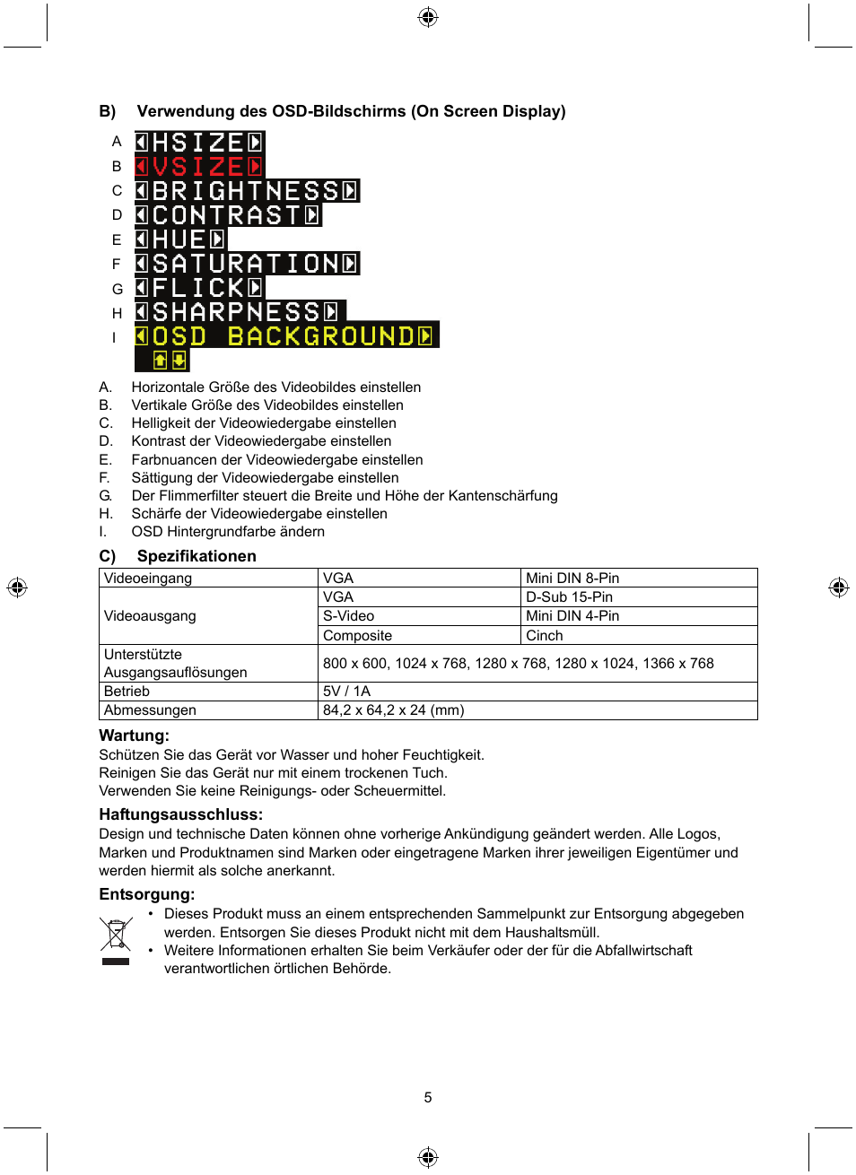 Konig Electronic PC to TV converter User Manual | Page 5 / 33