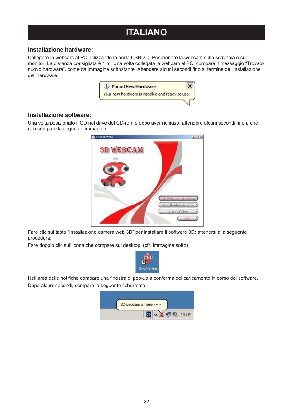 Italiano, Manuale (p. 22), Webcam 3d con occhiali 3d | Konig Electronic USB 2.0 3D webcam User Manual | Page 22 / 72