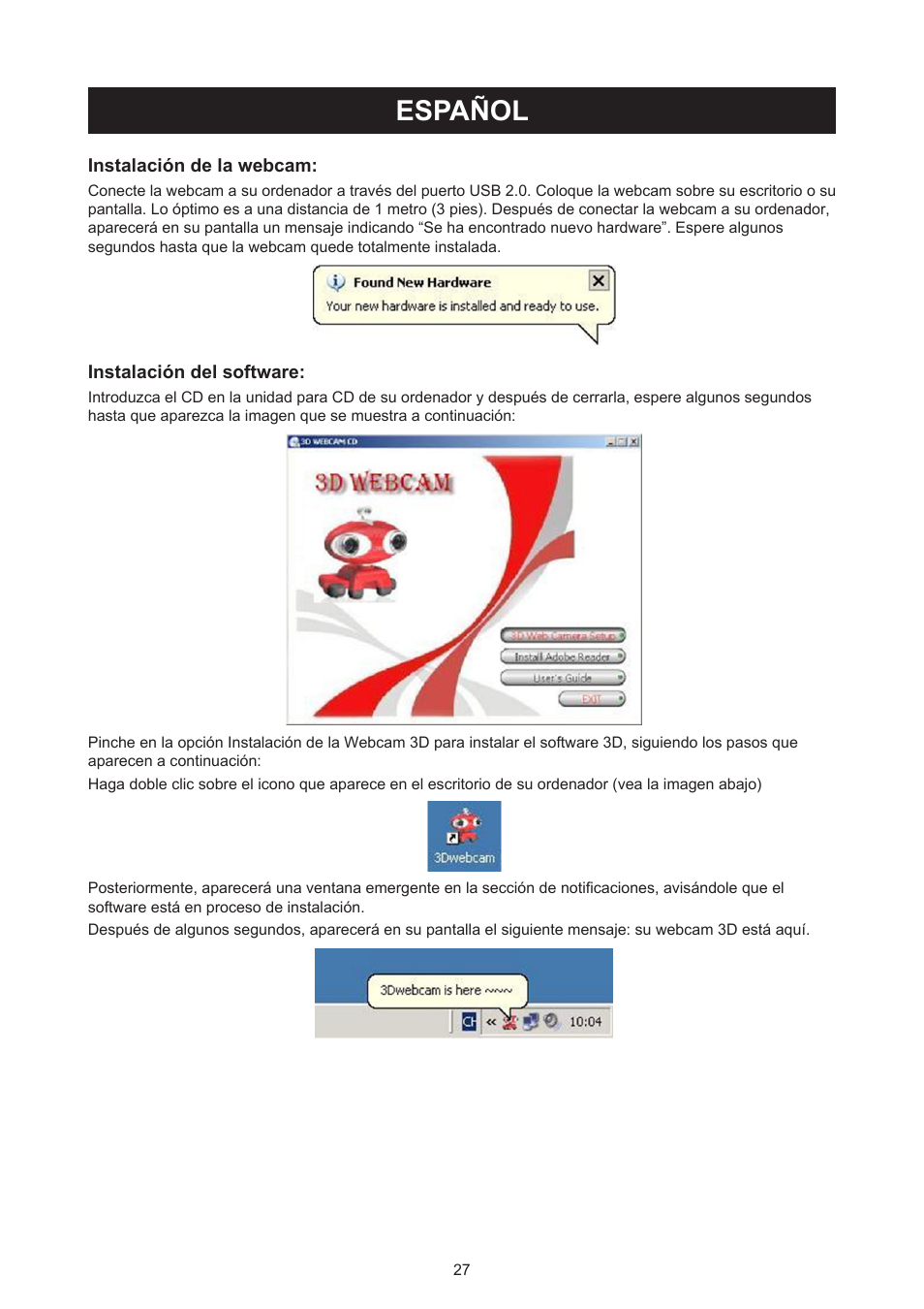 Español, Manual de uso (p. 27), Webcam 3d con gafas 3d | Konig Electronic USB 2.0 3D webcam User Manual | Page 27 / 72