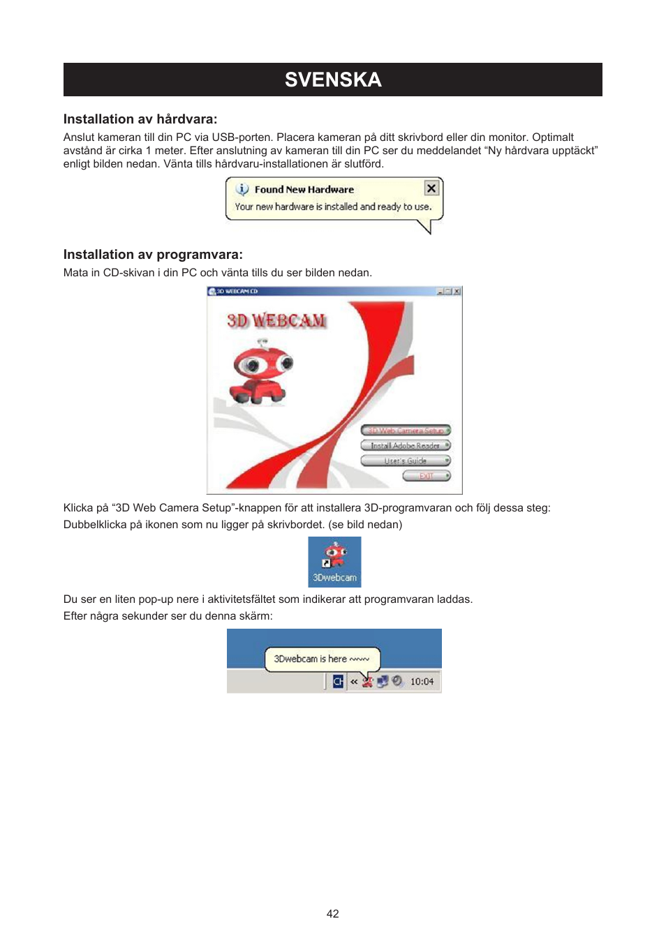 Svenska, Bruksanvisning (s. 42), 3d webcam med 3d-glasögon | Konig Electronic USB 2.0 3D webcam User Manual | Page 42 / 72