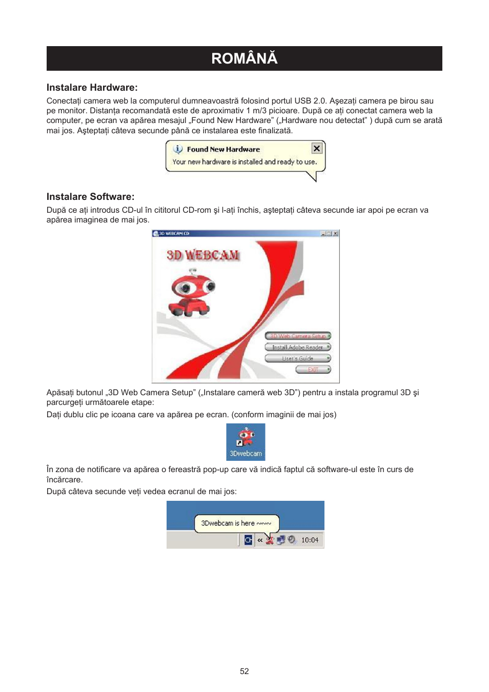 Română, Manual de utilizare (p. 52), Cameră web 3d cu ochelari 3d | Konig Electronic USB 2.0 3D webcam User Manual | Page 52 / 72