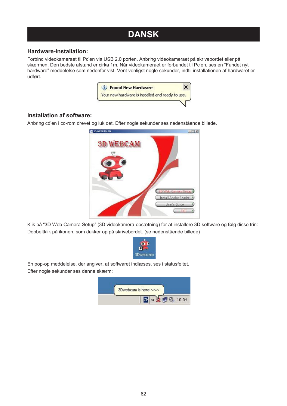 Dansk, Brugervejledning (p. 62), 3d videokamera med 3d linse | Konig Electronic USB 2.0 3D webcam User Manual | Page 62 / 72