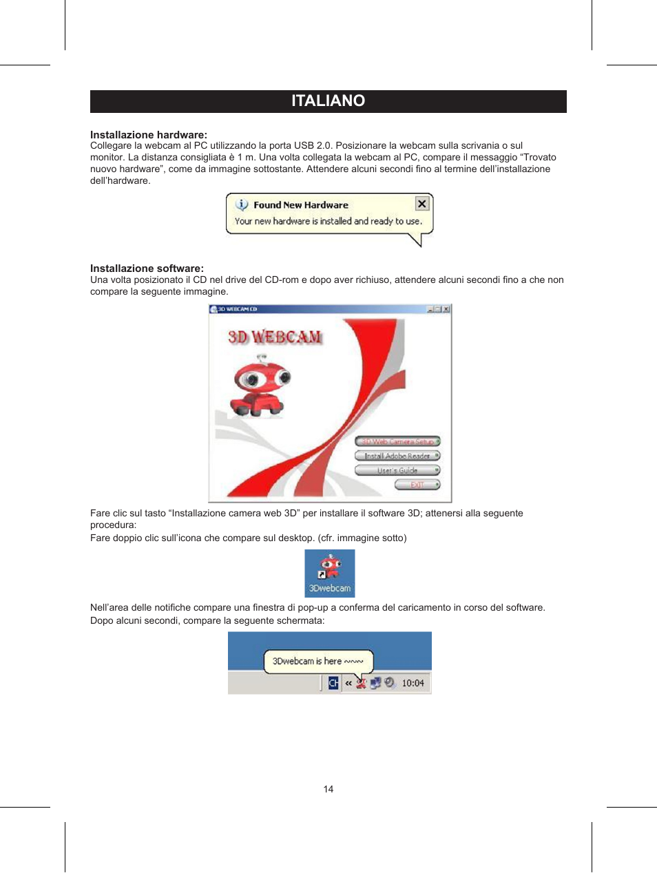 Italiano, Manuale (p. 14), Webcam 3d con occhiali 3d | Konig Electronic USB 2.0 3D webcam User Manual | Page 14 / 44