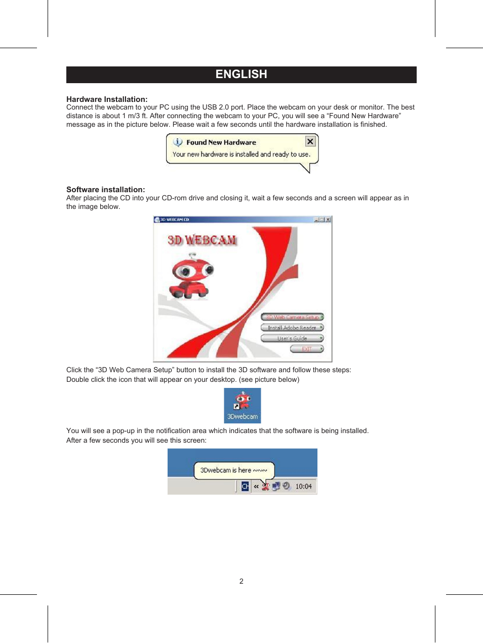 English, Manual (p. 2), 3d webcam with 3d glasses | Konig Electronic USB 2.0 3D webcam User Manual | Page 2 / 44